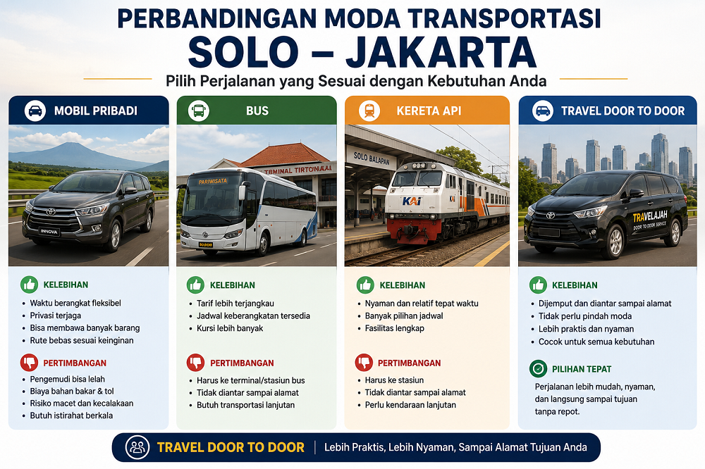 Perbandingan transportasi mobil pribadi, bus, kereta api dan travel solo jakarta