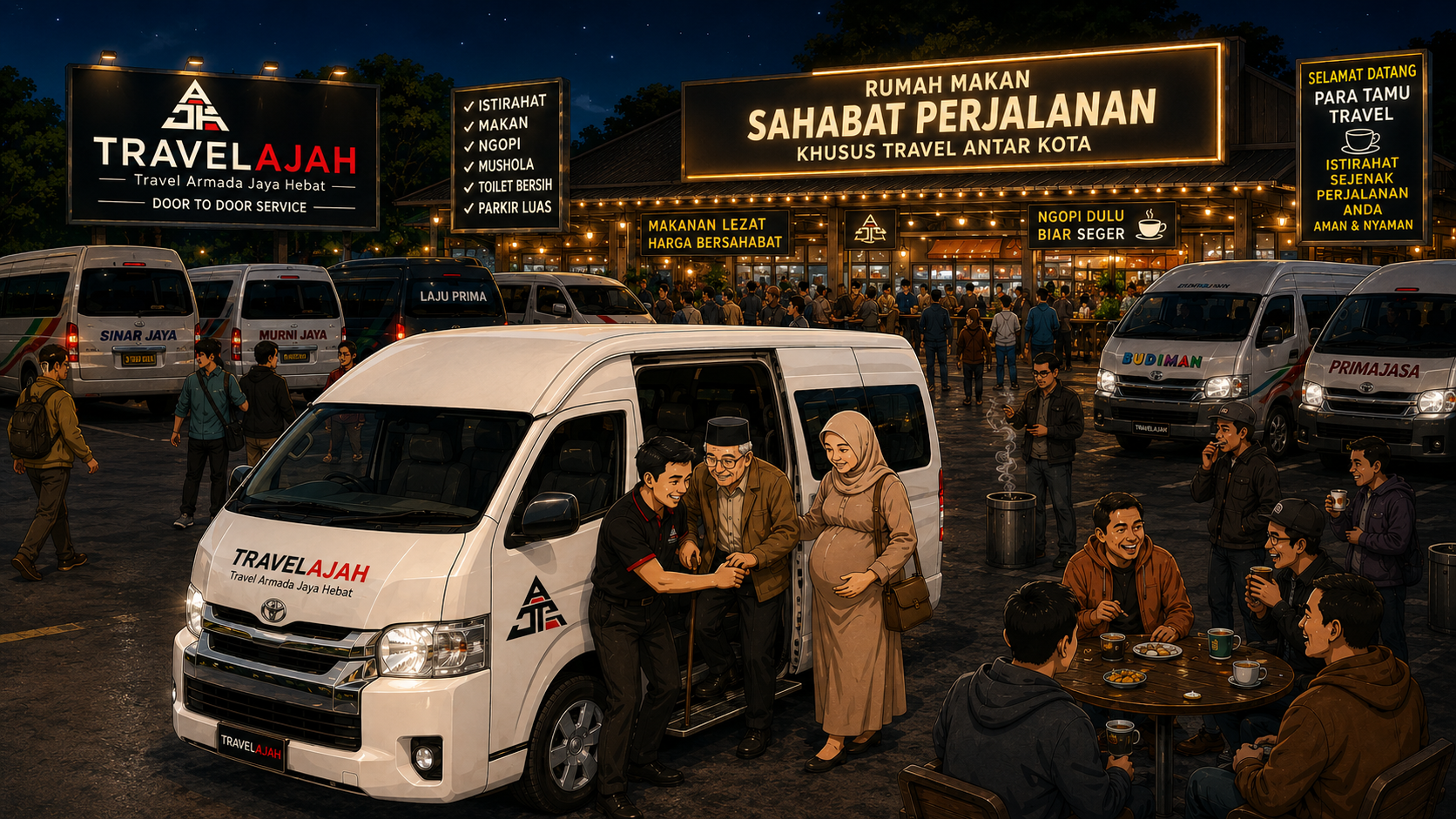 Kendaraan Travelajah beristirahat dalam perjalanan Solo menuju Bogor